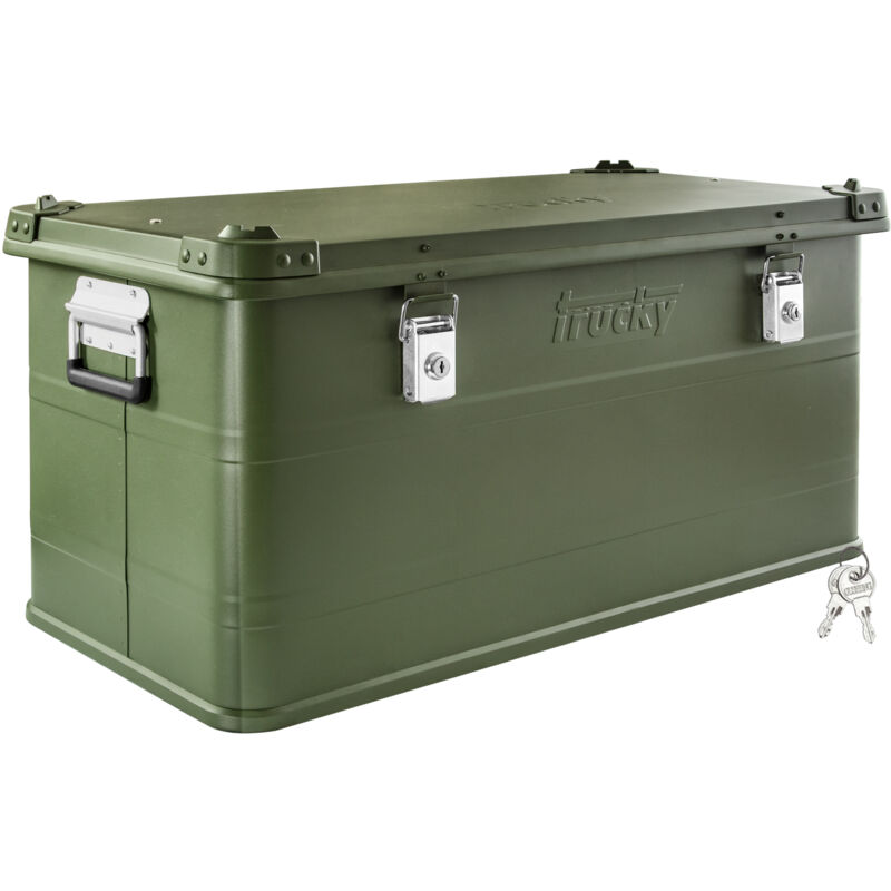 Boîte en aluminium avec couvercle Vert 90 litres Boîte en métal Boîte de transport Boîte de rangement Verrouillable trucky