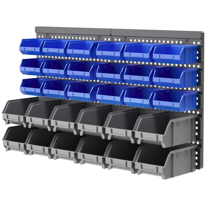 Boîte et Casier de Rangement pour Outils, Étagère Goulotte - 30 Boîtes Empilables en 2 Tailles (63x18x37,5cm) - Atelier, Magazine, Bleu