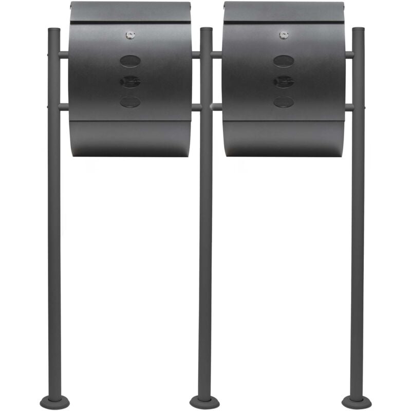 Wiltec - Kit 2x Boîte aux lettres V18 & Porte-journaux avec Pied de support double, Verrouillable, Gris anthracite, Acier galvanisé, 1000 x 150 x