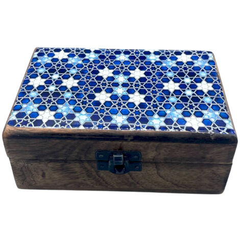 Boîte Moyenne en Bois Verni en Céramique - 15x10x6cm - Étoiles Bleues- Vendu par 1