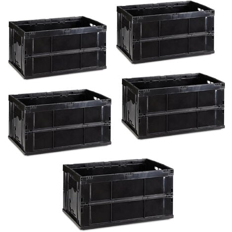 Boîte pliable couvercle, lot de 5, caisse de rangement, plastique, coffre transport 60 litres 31,5 x 58,5 x 40 cm, noir