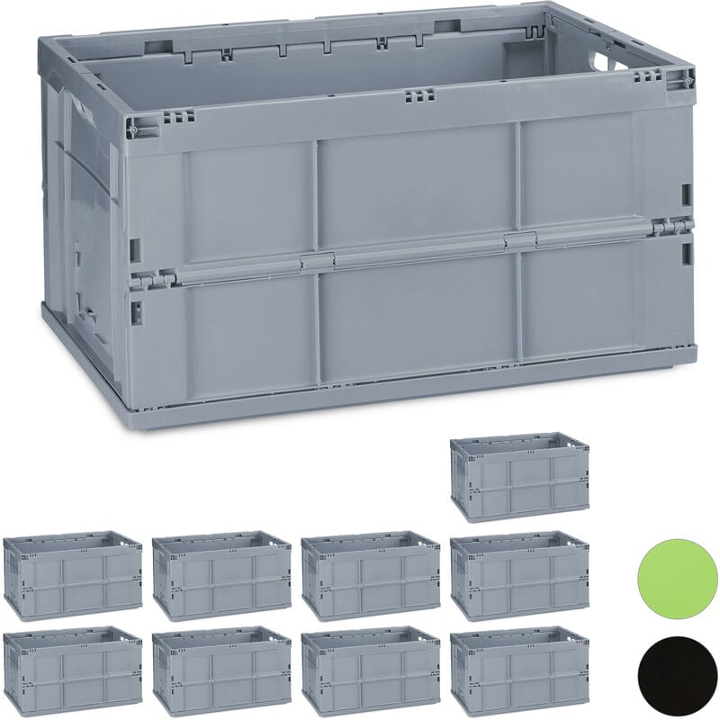 Boîte pliable, lot de 10, couvercle caisse de rangement plastique coffre transport 60 litres 31,5 x 58,5 x 40 cm, gris