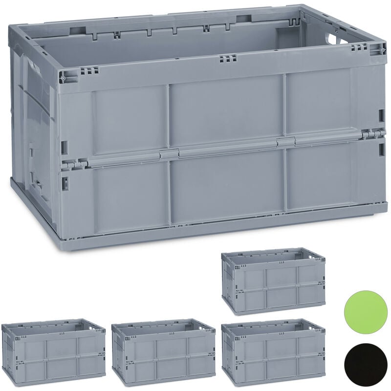 Boîte pliable, lot de 5, couvercle caisse de rangement plastique coffre transport 60 litres 31,5 x 58,5 x 40 cm, gris
