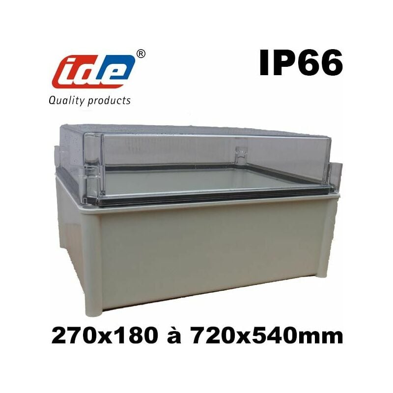 Boite polyester étanche IP66 avec couvercle polycarbonate transparent - roc IDE Dimension du boitier polyester - IP66 - HxLxP - 540x360x201mm