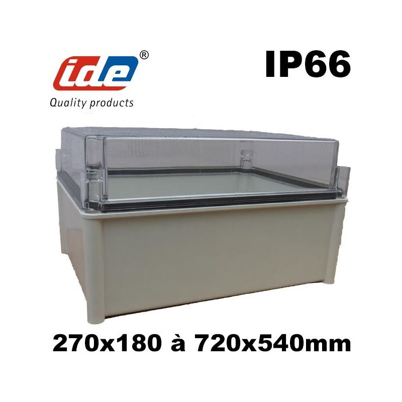 IDE - Boîtier polyester étanche IP66 avec couvercle polycarbonate transparent - roc Dimension du boitier polyester - IP66 - HxLxP - 270x360x171mm