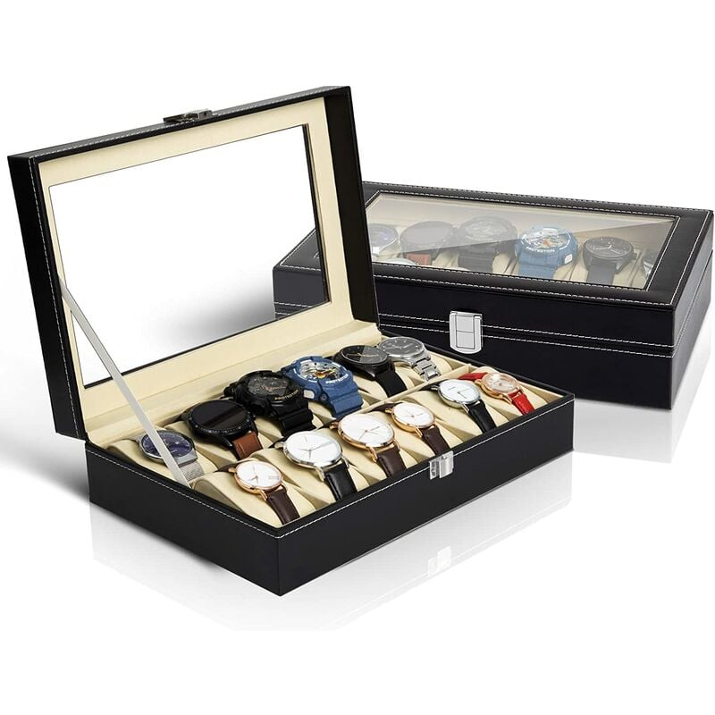 Boîte pour Montres, Coffret à Montres, Noir/Beige, 12 Montres et Vitre, Dimensions: 30 x 20 x 8 cm