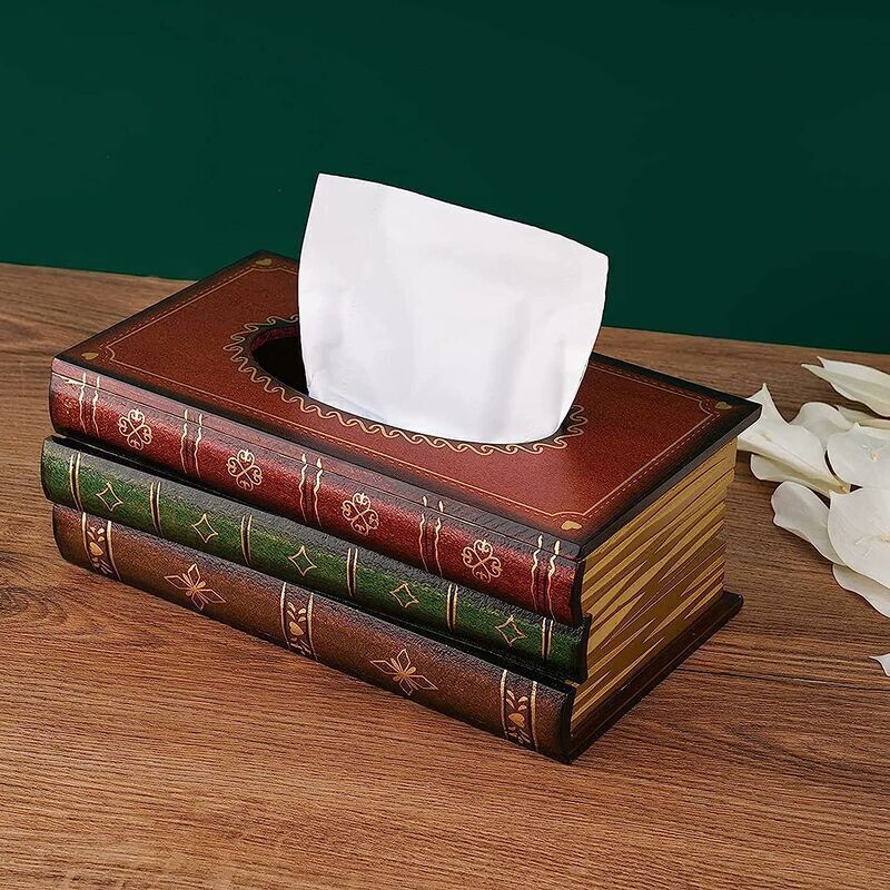 Boîte pour Mouchoirs, Forme Européenne Retro Livre Tissu Boîte en Bois Mouchoir Distributeur De Serviette Boîte De Rangement Articles De Décoration,