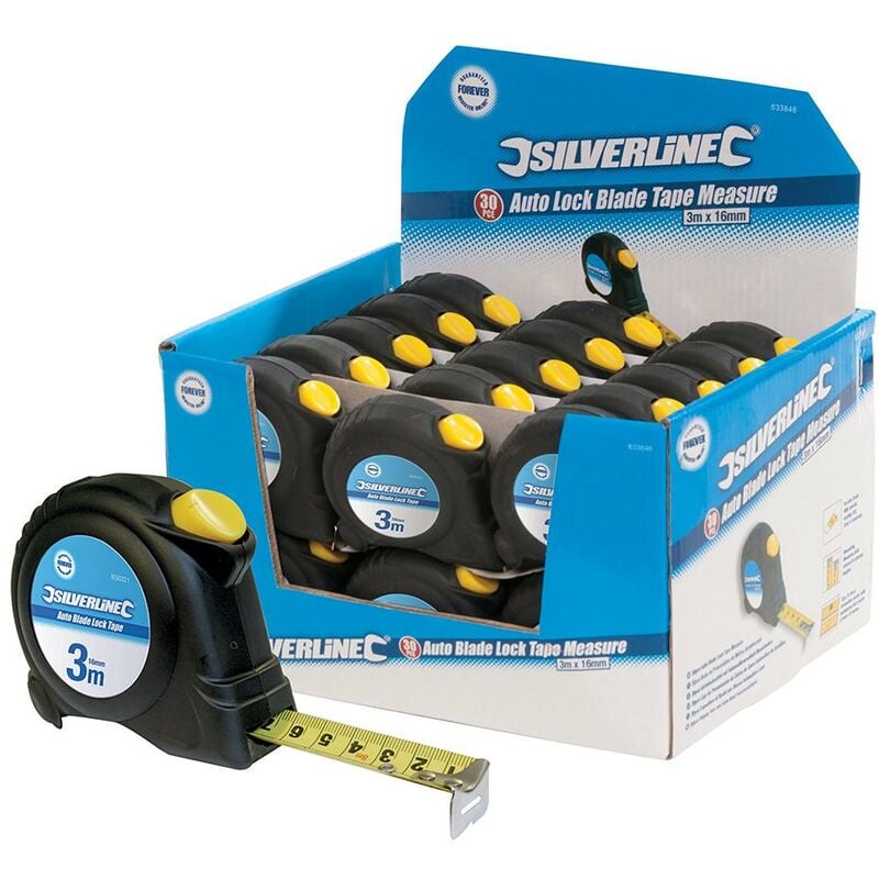 Silverline - Présentoir de mètres rubans autobloquants 3 m (10') x 16 mm, 30 pcs