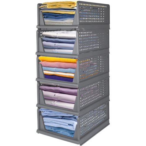 Boîte Rangement Plastique, 5 Caisses de Rangement Pliables, Boite Empilable pour Vêtement, Livres, Jouets, Caisse pour Chambre, Salon,Cuisine