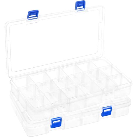 Boite Rangement Plastique - Lot de 2 - 18 Compartiments - Séparateurs Réglables - Pour Perles et Artisanat - Transparent