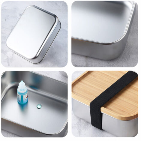 Boîte-repas bento en acier inox avec couvercle en bois et 3 couverts, idéale pour adultes et enfants