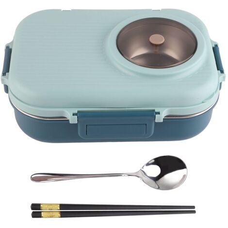 Boîte-repas isotherme 1100ml 3 compartiments en acier inoxydable 304 avec couverts et bol à soupe bleu