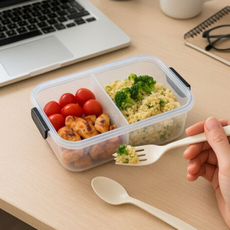 Boîte Repas Plastique 1L Sans BPA – 2 Compartiments + Couverts  Micro-ondes & Lave-vaisselle
