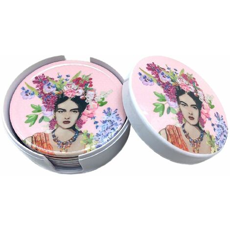 Boite rose contenant 6 sous-verres Frida Khalo