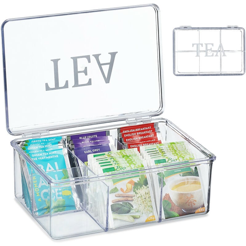 Boite à thé, en plastique, rangement, 6 compartiments, avec couvercle, hlp : 9 x 21,5 x 15 cm, transparente - Relaxdays
