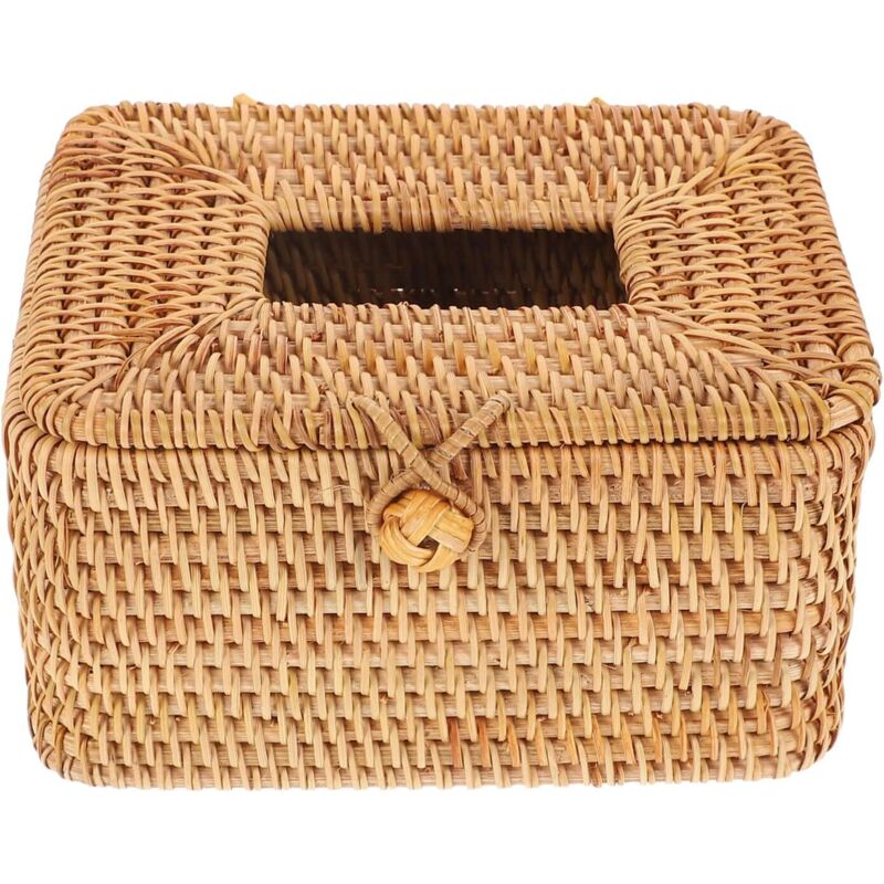 Boîte tissée osier rotin carrée – couvercle distributeur serviettes papier corbeille rangement
