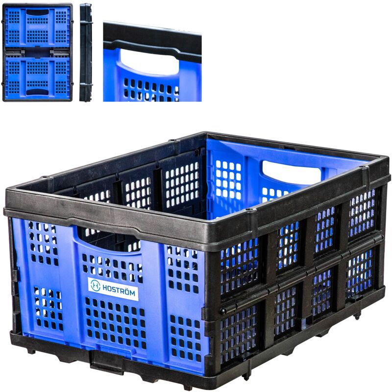 Hoström - Caisse rangement plastique Pliable, Bac de rangement Empilable, Grand bac 56x41x27cm, Capacité 49L, Stockage pour outils, vêtements, livres