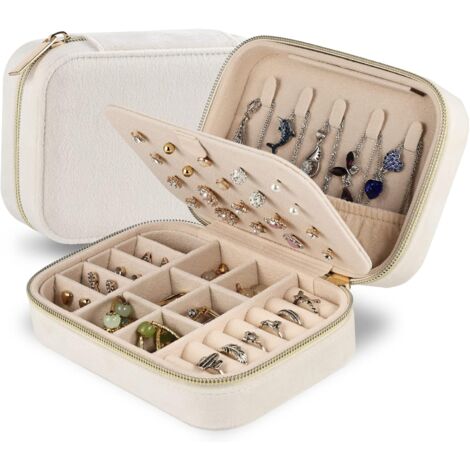 Boîtes à bijoux de voyage en velours, petite boîte à bijoux de voyage, boîte de rangement de bijoux de voyage portable pour anniversaire, fête des mères, Saint-Valentin (Beige)