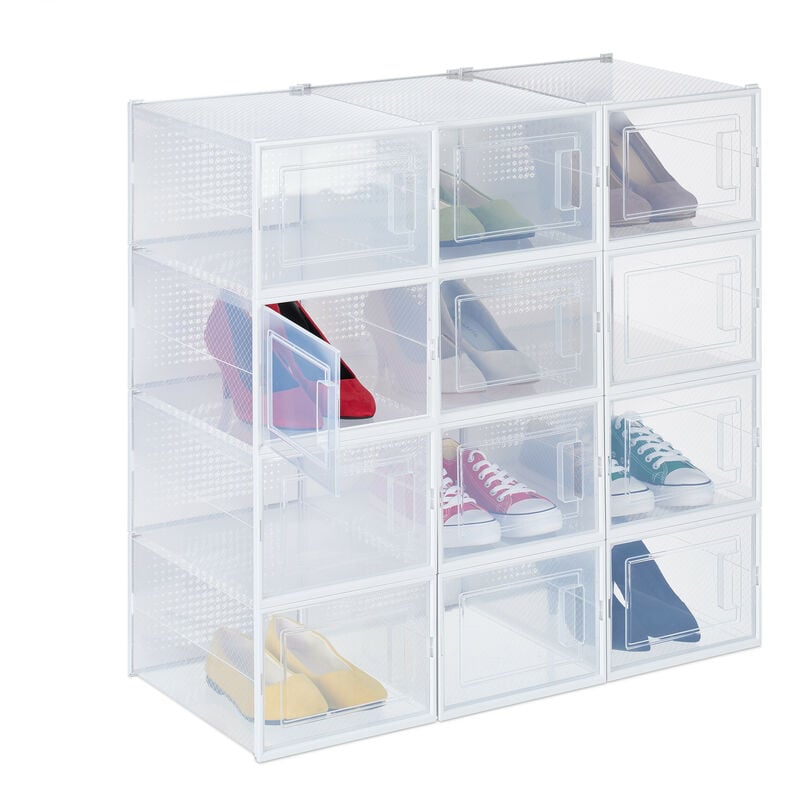 Boîtes à chaussures, lot de 12, avec porte, empilables, pointure jusqu'à 47, casier de rangement, transparent - Relaxdays