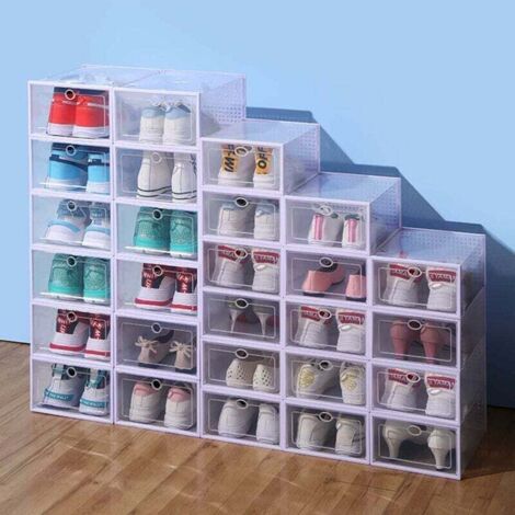 Boîtes à Chaussures LOT DE 12 Empilable Rangement de Chaussure en Plastique Transparent Organisateurs avec Porte Assemblage Facile 33 x 23 x 14 cm, Jusqu’à la Pointure 46
