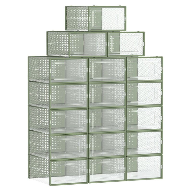 Boîtes à Chaussures, Lot de 18, Rangement Chaussures, Pliable, pour Pointure jusqu'à 44, Transparent et Vert Olive