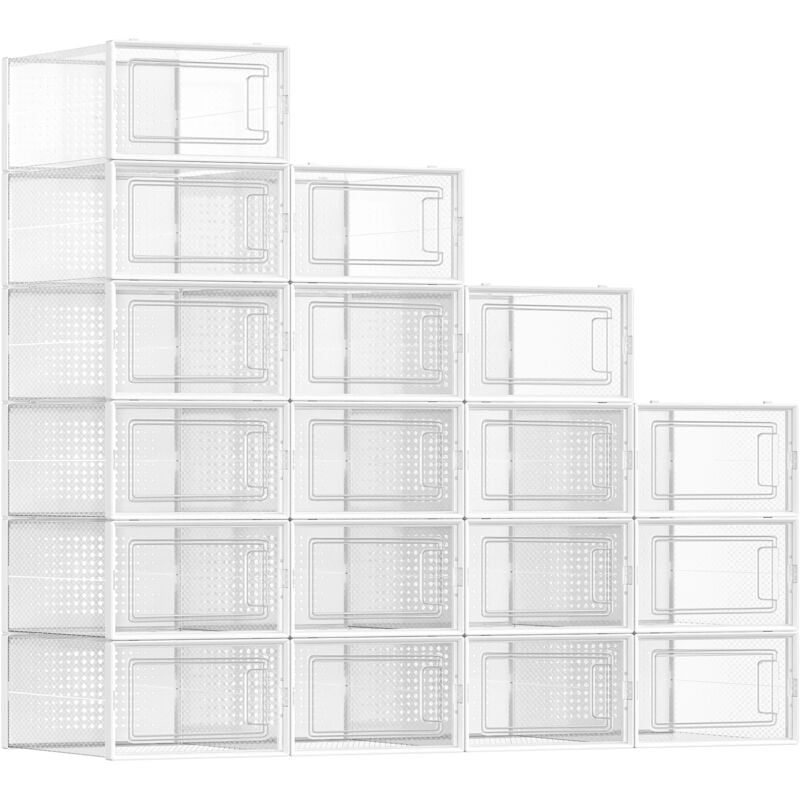 SONGMICS Boîtes à Chaussures, Lot de 18, Rangement Chaussures, Pliable, pour Pointure jusqu’à 44, Transparent et Blanc LSP18SWT