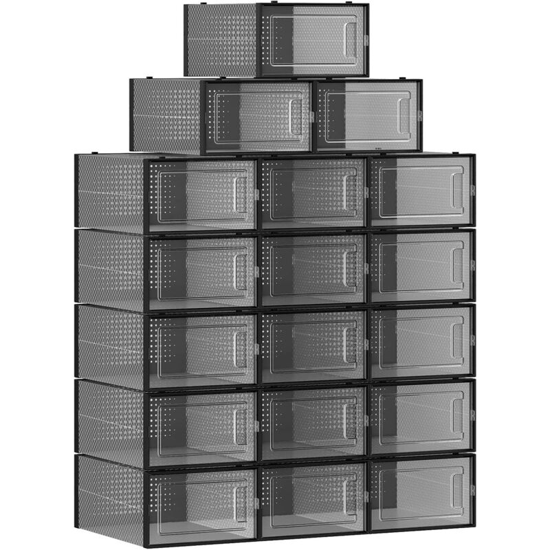 Boîtes à Chaussures, Lot de 18, Rangement Chaussures, Pliable, pour Pointure Jusqu'à 44, Transparent et Noir LSP18SBKV1