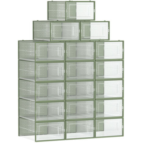 Boîtes à Chaussures, Lot de 18, Rangement Chaussures, Pliable, pour Pointure jusqu’à 44, Transparent et Vert Olive