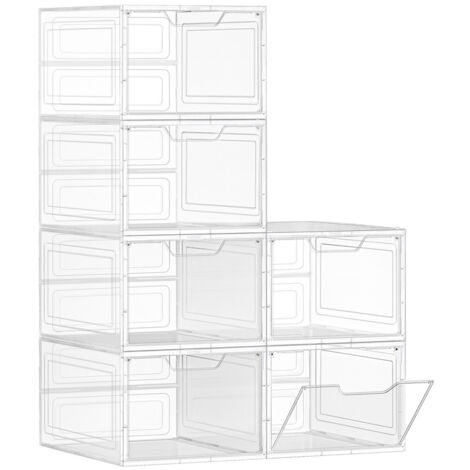 Boîtes à Chaussures, Lot de 6, avec Porte, Rangement de Chaussure en Plastique, Empilable, Montage Facile, 34 x 25 x 18,4 cm, Jusqu’à la Pointure 44, Blanc Transparent