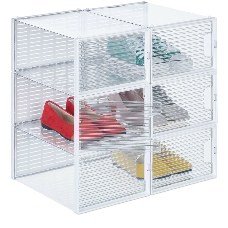 Relaxdays boîtes à chaussures, lot de 6, empilables et pliables, boîte rangement, pointure 45, plastique, transparentes