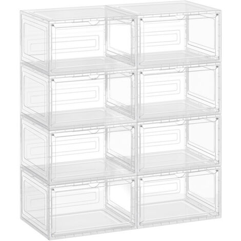 Boîtes à Chaussures Lot de 8, Rangement pour Chaussures, en Plastique, avec Porte, Empilable, 33 x 28,5 x 19,2 cm, jusqu’à la Pointure 46, Blanc Transparent