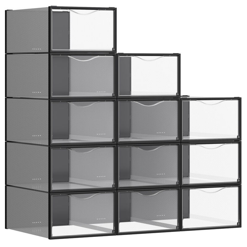 Songmics - Boîtes à Chaussures, Organisateurs en Plastique, avec Porte, Lot de 12, Empilables, Montage Facile, 33,2 x 23 x 14,5 cm, pour Pointure