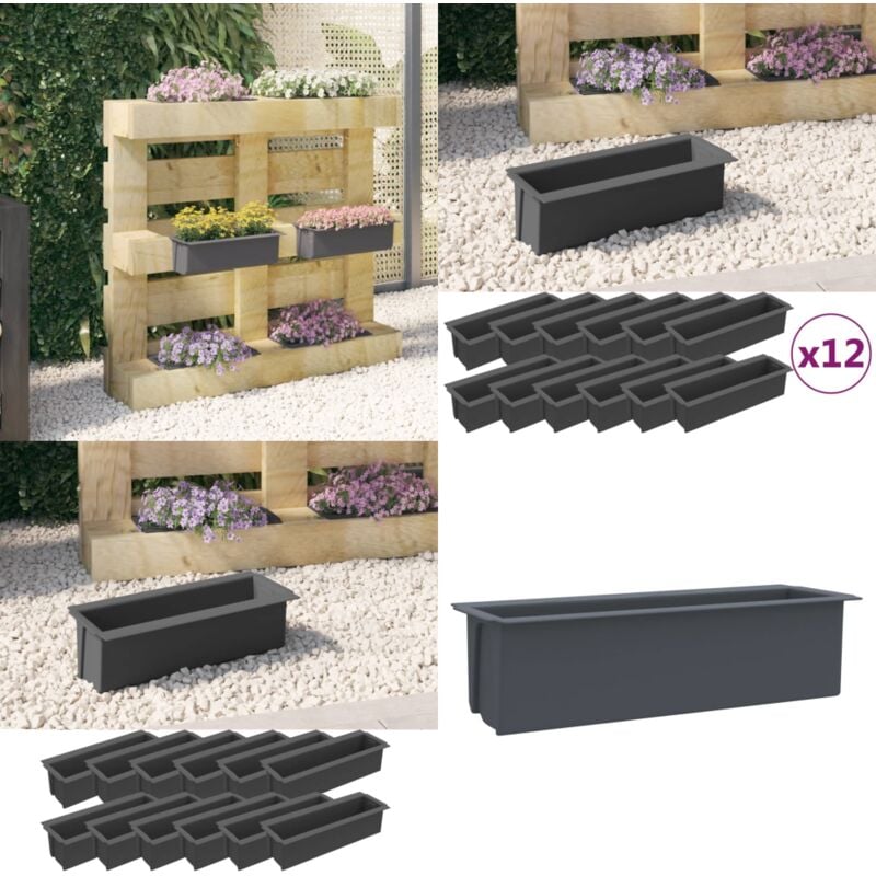 Boîtes à fleurs pour palettes euro 12 pcs Gris 36x13,5x9,5cm pp - Jardinière - Pot De Fleurs - Décoration Extérieure - Plante Grimpante - Balcon