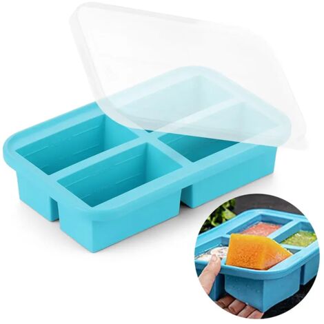 Boîtes de conservation des aliments, plateaux de congélation en silicone, récipients de congélation pour soupes, bouillons, sauces et crèmes glacées, avec couvercles, 4 compartiments, 1000 ml, bleu.