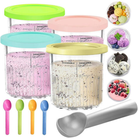 Boîtes de Crème Glacée Adaptables pour NC500 NC501 [4 Pots Réutilisables Plastique Transparent avec Couvercles Colorés + Cuillères/Scoop]