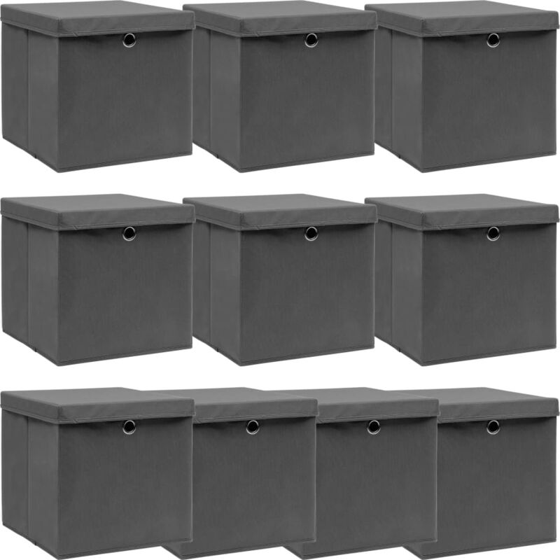 Boîtes de rangement avec couvercle 10 pcs Gris 32x32x32cm Tissu