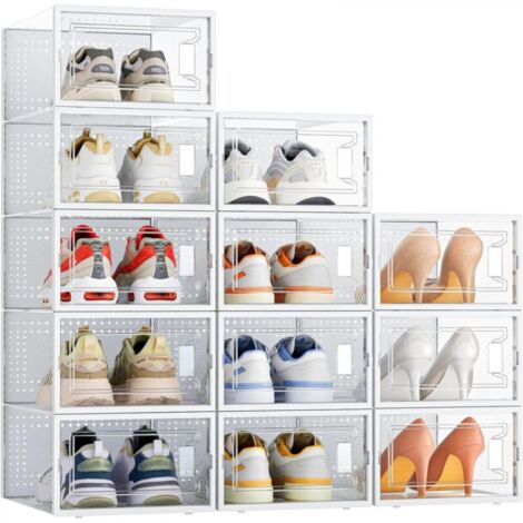 Boîtes de rangement à chaussures transparentes avec cadre blanc 33 x 23 x 14 cm, 12 pièces, en plastique transparent, empilables