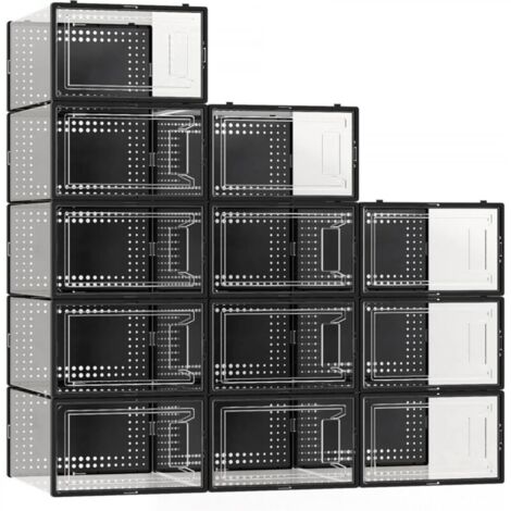 Boîtes de rangement à chaussures transparentes avec cadre noir 33 x 23 x 14 cm, 12 pièces, en plastique transparent, empilables