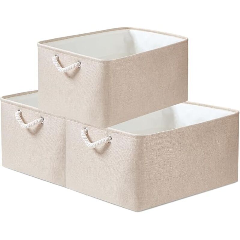 Boîtes de rangement en tissu, 5 Tailles Rectangulaire Panier de rangement dressing, 3 Paquet(Moyen, Kaki clair)