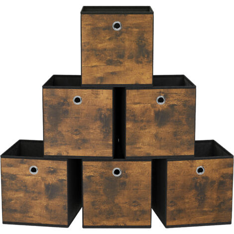 Boîtes de Rangement, en Tissu Non-Tissé avec Poignée Lot de 6, 33.1 x 33.1 x 33.1 cm, Cubes, pour Étagère, Pliables, Rangement de Vêtements, Marron et Noir