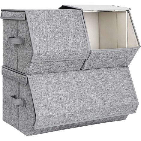 Boîtes de Rangement, Lot de 3, Coffre de Rangement, Organiseur de Jouets, Empilable, avec Couvercle, Cadre métallique, Fermeture magnétique, pour Vêtements, Livres et Jouets, Gris RLB12GY