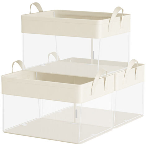 Boîtes de Rangement, Lot de 3, Panier de Rangement, Taille Moyenne, en Tissu, Pliable, Filet de Nylon Transparent, 40 x 30 x 25 cm, Poignées, pour Chambre, Salon, Couleur Crème