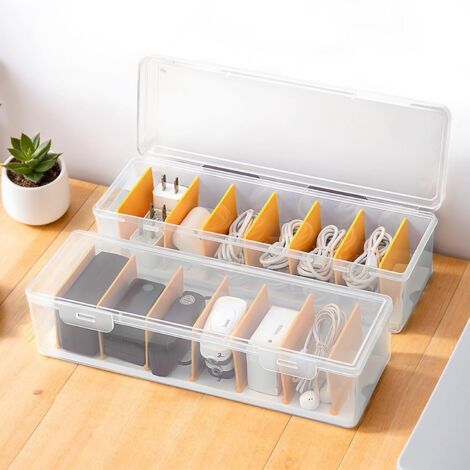 Boîtes de rangement pour câbles, lot de 2 boîtes de rangement en plastique transparent, 7 séparateurs amovibles, boîte de rangement personnalisable pour câbles, rangement de bureau
