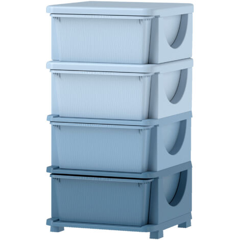 Boîtes de rangement pour enfants, 4 tiroirs, bords arrondis, design surélevé, plastique bleu