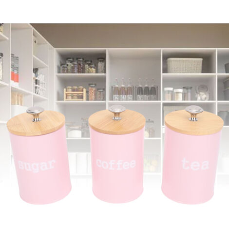 Boîtes de Stockage - 3 Pots Métal Vintage avec Bouchon Bois pour Thé Café Sucre