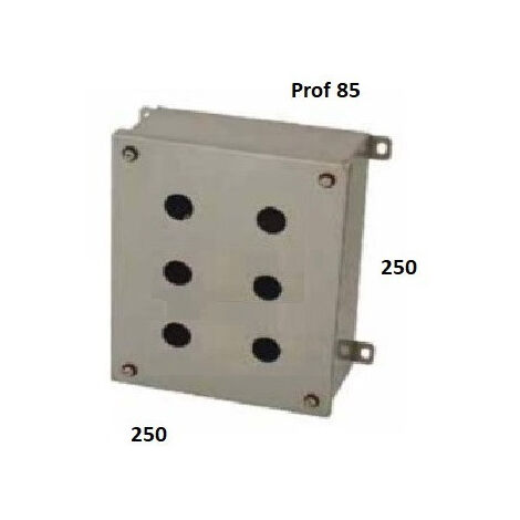 Boitier carré acier inox 250x250x85mm avec 6 perçages Ø 22.5mm sur couvercle pour commande auxilliaire IK10 étanche IP66