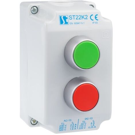 Boîtier de commande 2 trous avec bouton de chasse vert (1NO), bouton de chasse rouge (1NC), 1 presse-étoupe métrique M20