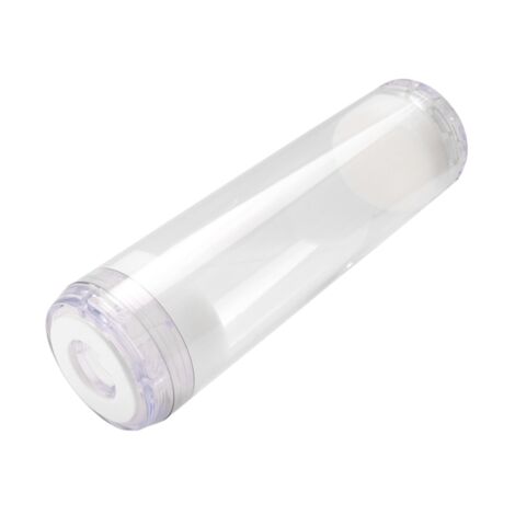 Boîtier de purificateur d'eau transparent et réutilisable, compatible avec différents médias filtrants remplissables.