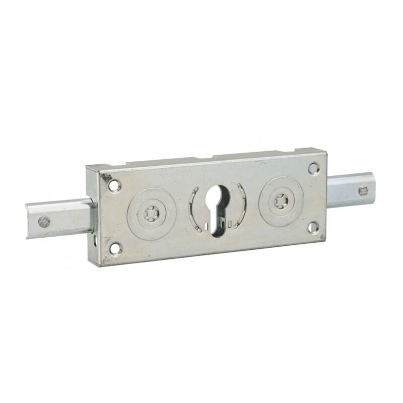 Boîtier de serrure en applique à cylindre pour rideau métallique, 2 pts latéraux, axe 80mm, 160x60mm, zingué