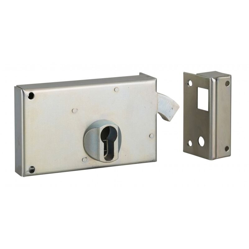 Boitier de serrure horizontale en applique double entrée à crochet pour portail, droite, axe 60mm, 140x83mm, zingué